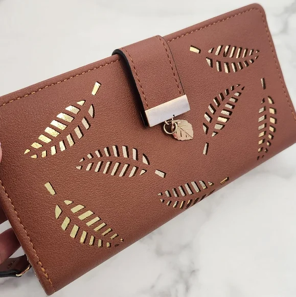 Spring & Summer Pu Leather Brown Leaf Cutout Women's Wallet - Picture 1 of 15